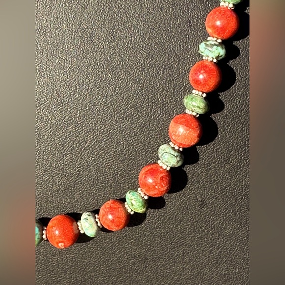 Turquoise and Coral Bead Necklace 925 19” - Picture 3 of 6